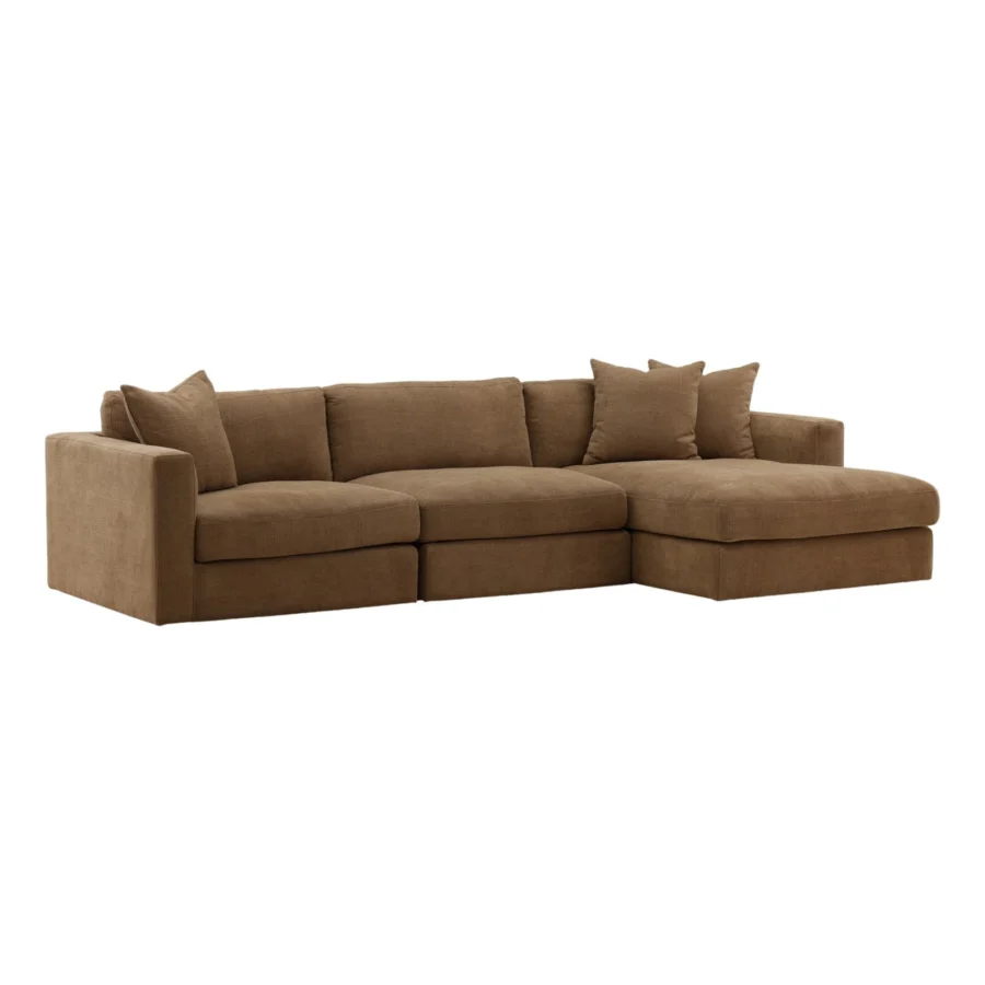 Sectional by Dovetail Erica in medium brown textured fabric with hardwood frame and wide arms on a geometric silhouette