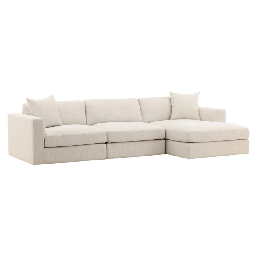 Sectional by Dovetail Home in light beige woven upholstery with matte finish, wide track arms and right side chaise layout