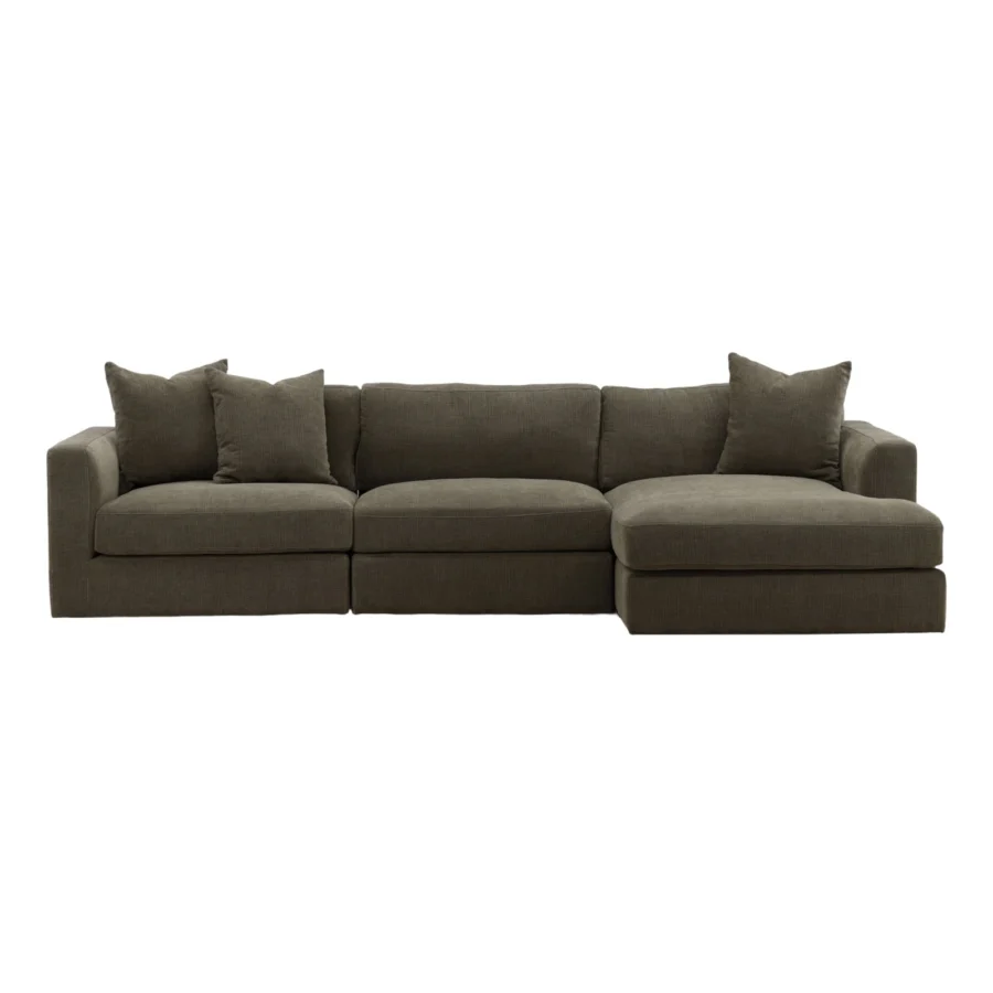 Chaise sectional by Dovetail in dark olive grey textured fabric, built with a hardwood frame and track arms