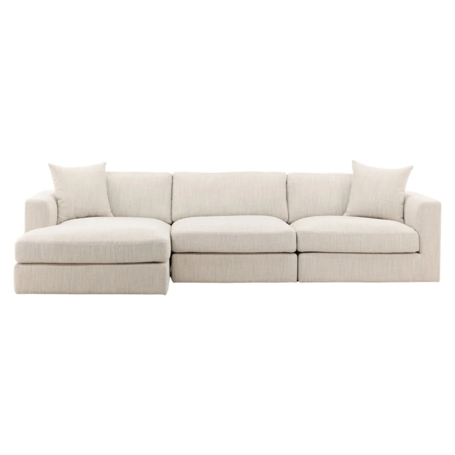 Sectional by Dovetail in light beige textured woven fabric with hardwood frame, integrated chaise and square armrests