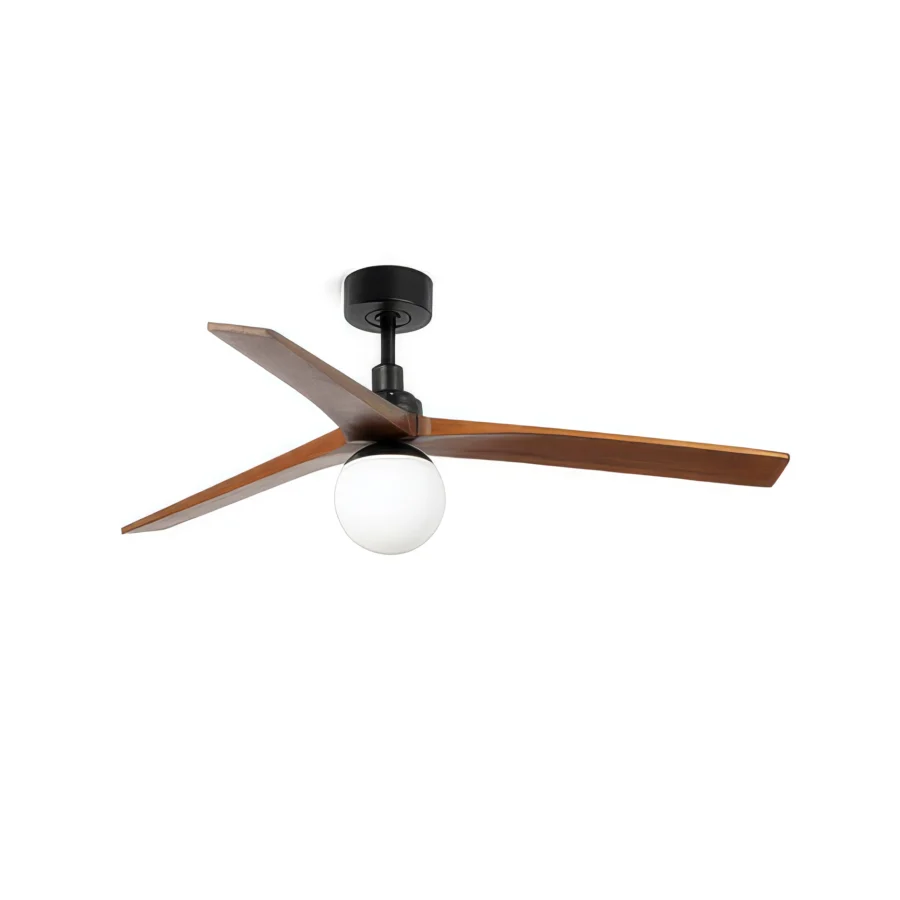 Ceiling fan by Faro Barcelona with wood blades in satin finish and matte black metal housing plus frosted glass sphere