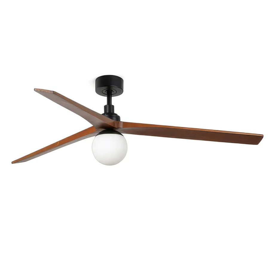 Ceiling fan by Faro Barcelona featuring wood blades and metal housing with glass light source