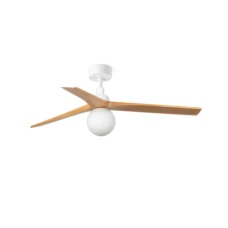Ceiling fan by Faro Barcelona featuring wood blades and matte metal motor housing paired with spherical white glass light globe