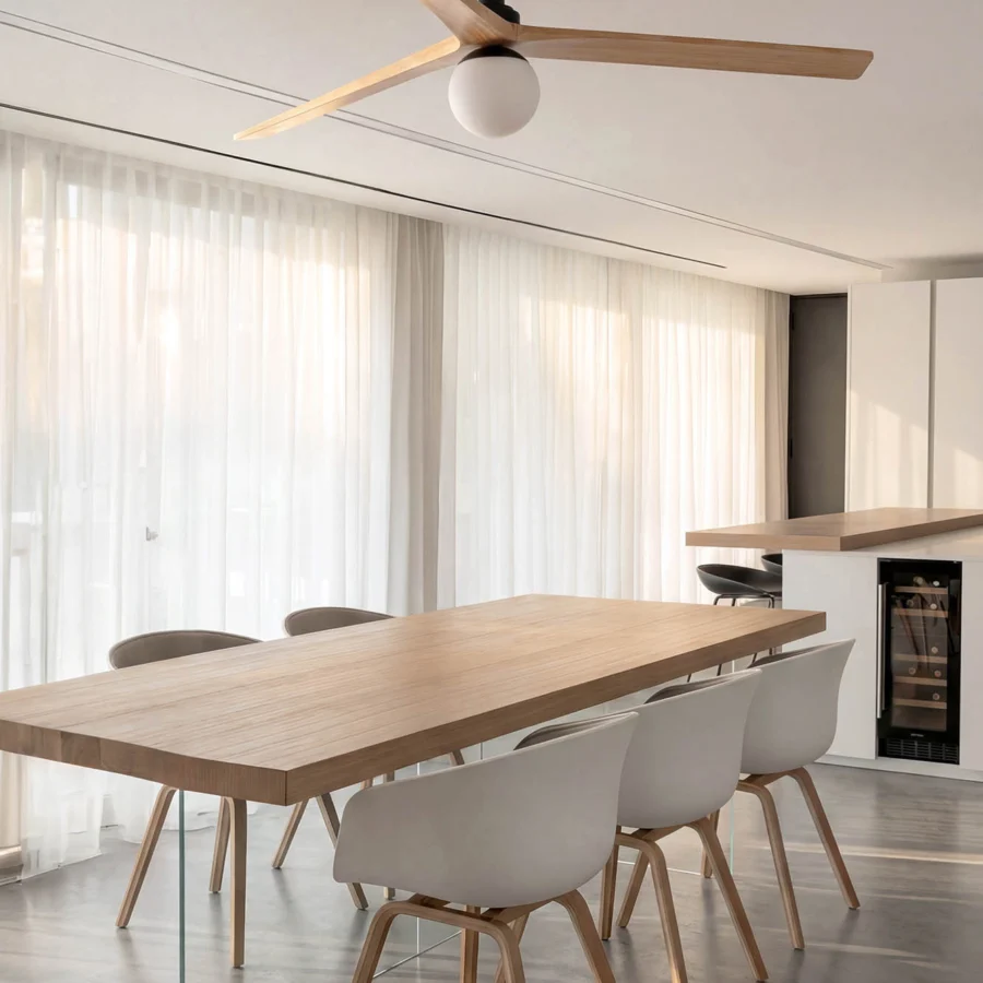 Ceiling fan by Faro Barcelona with natural wood blades, matte black metal motor housing and frosted white glass light globe