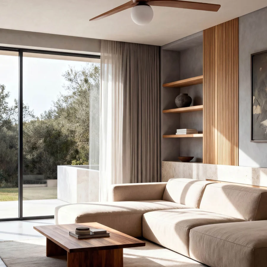 Ceiling fan by Faro Barcelona featuring wood blades and matte black motor housing plus frosted glass light