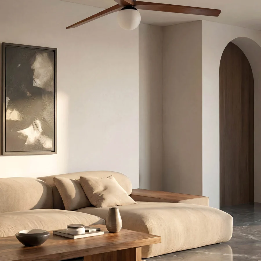 Ceiling fan by Faro Barcelona with wood blades in matte finish plus dark metal hardware and frosted white glass light…