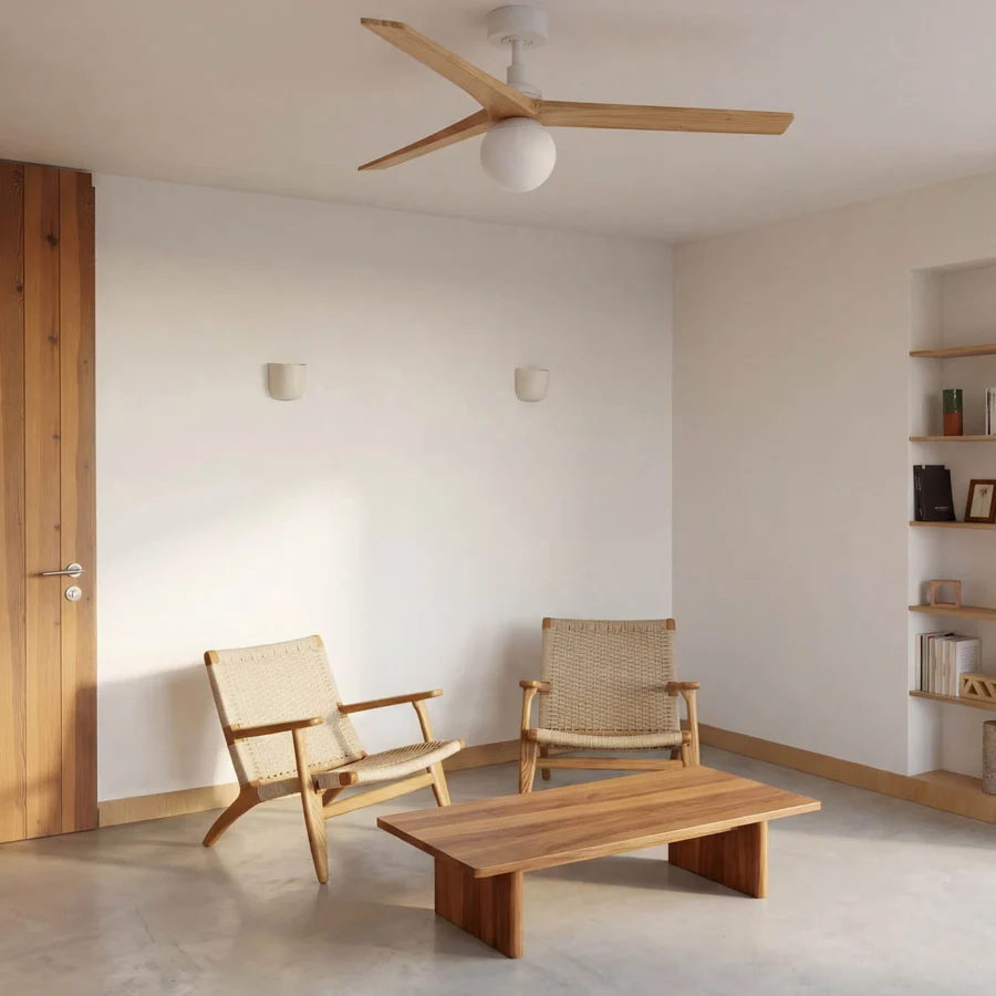 Ceiling fan by Faro Barcelona featuring light wood blades alongside a matte white metal housing and spherical glass shade