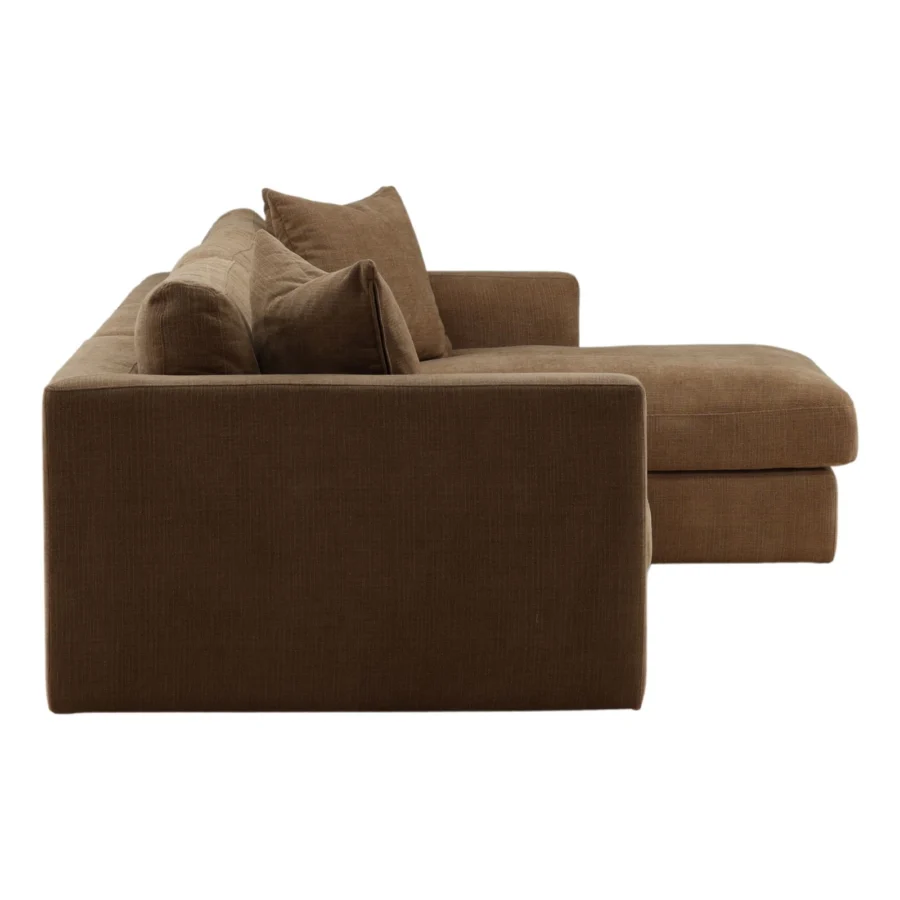 Sectional by Dovetail Erica in medium brown textured woven fabric with hardwood frame, wide squared armrests and chaise