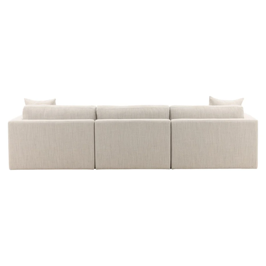 Chaise sectional by Dovetail in light beige woven textile with hardwood frame and boxy sections under a wide silhouette