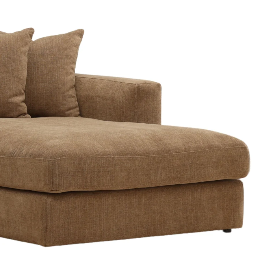 Sectional by Dovetail in medium brown textured woven fabric with hardwood frame and low profile blocky silhouette design