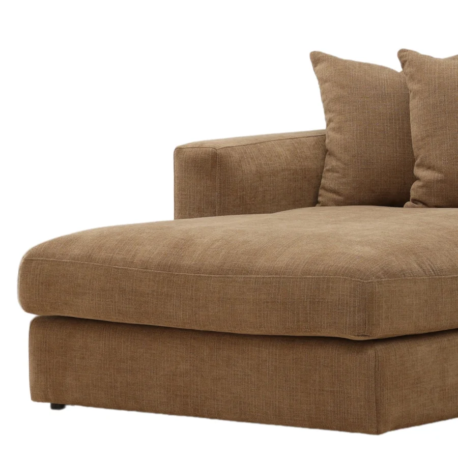 Sectional by Dovetail in medium tan textured woven fabric featuring a low profile boxy silhouette and wide flat track arms