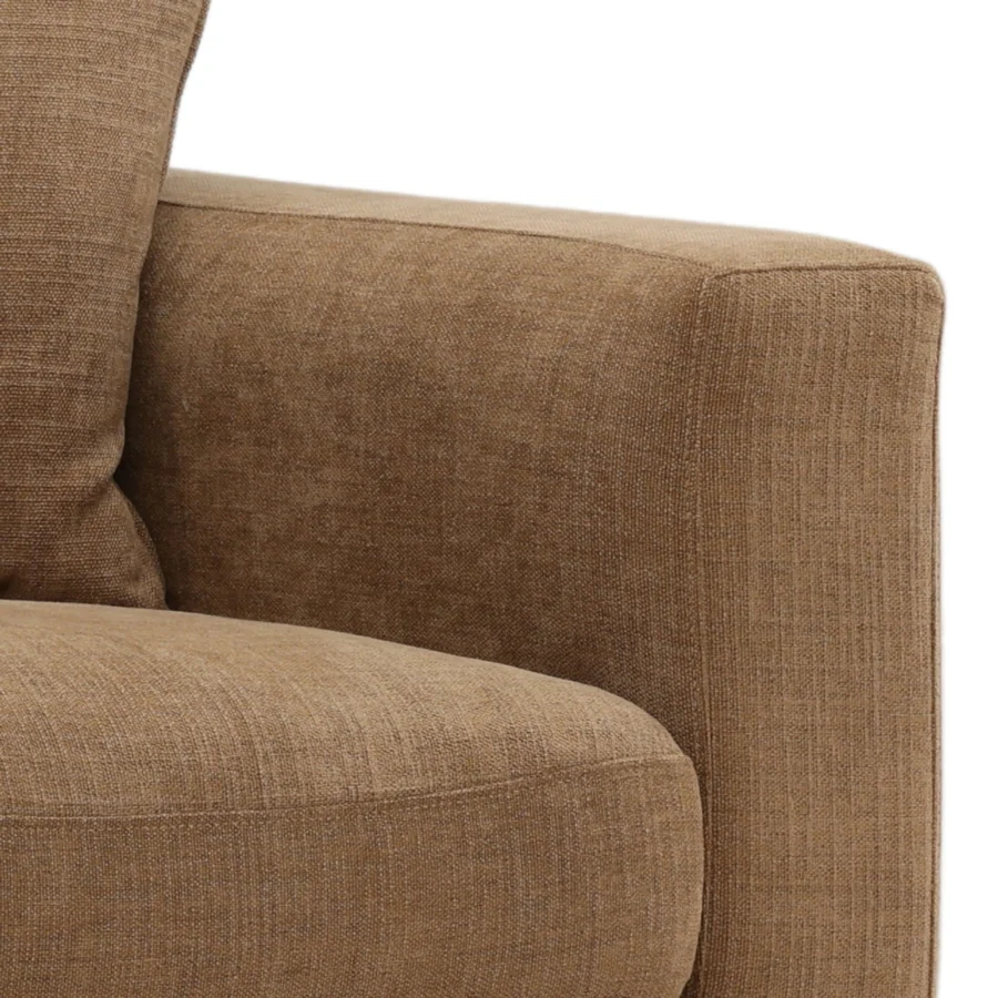 Sectional by Dovetail in brown and tan woven matte upholstery with squared armrests and a blocky low profile frame design