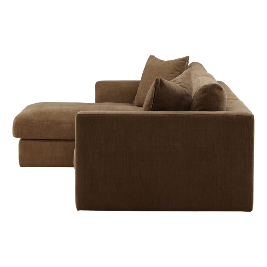 Sectional by Dovetail in medium brown textured upholstery with hardwood frame, wide track arms and low profile silhouette