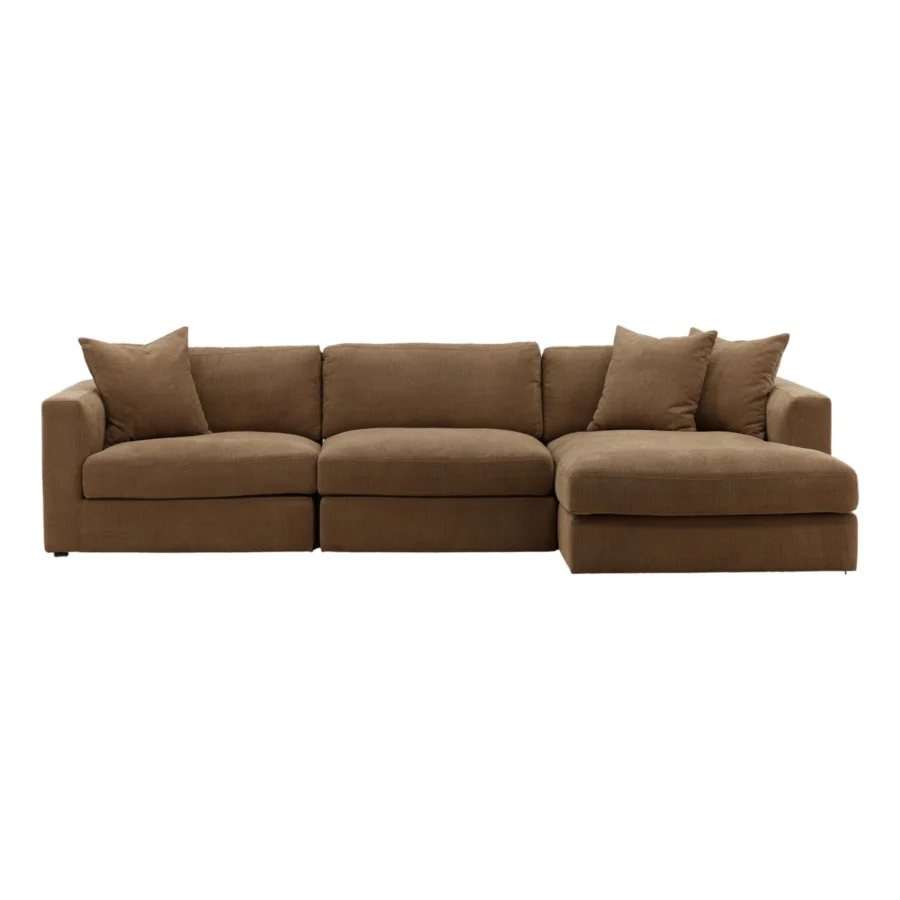 Chaise sectional by Dovetail in medium brown textured fabric, built with squared track arms and a block base