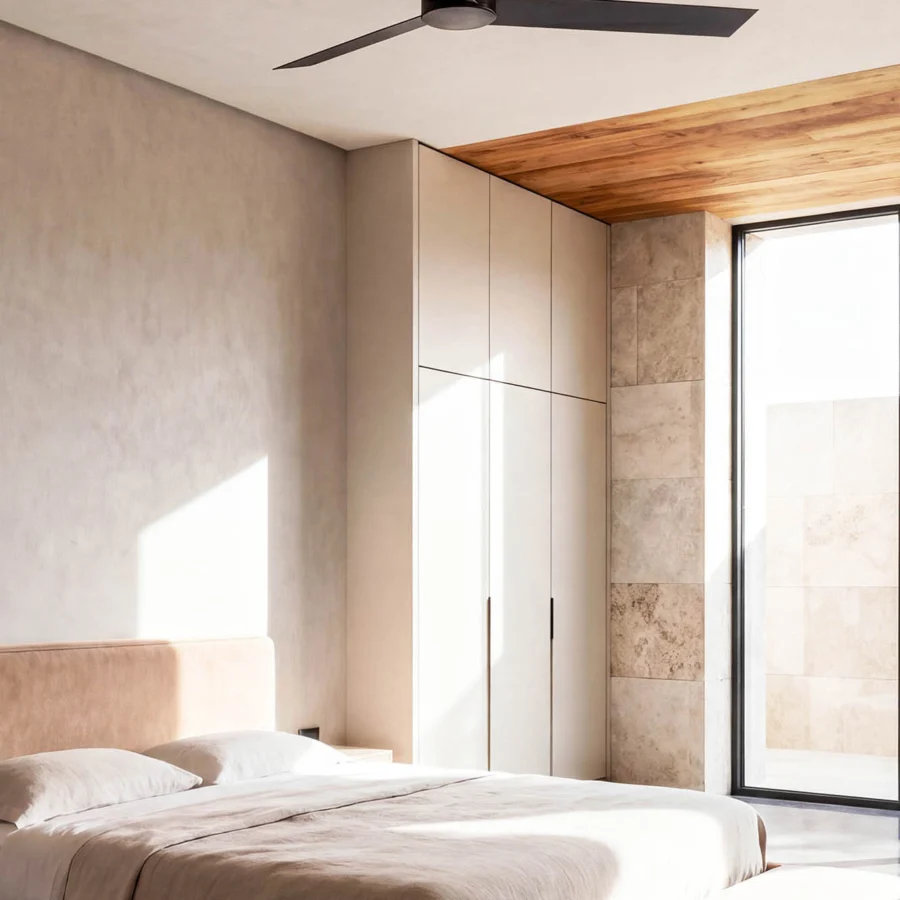 Ceiling fan by Faro Barcelona in matte metal with dark brown finish and three elongated angled blades for six speeds