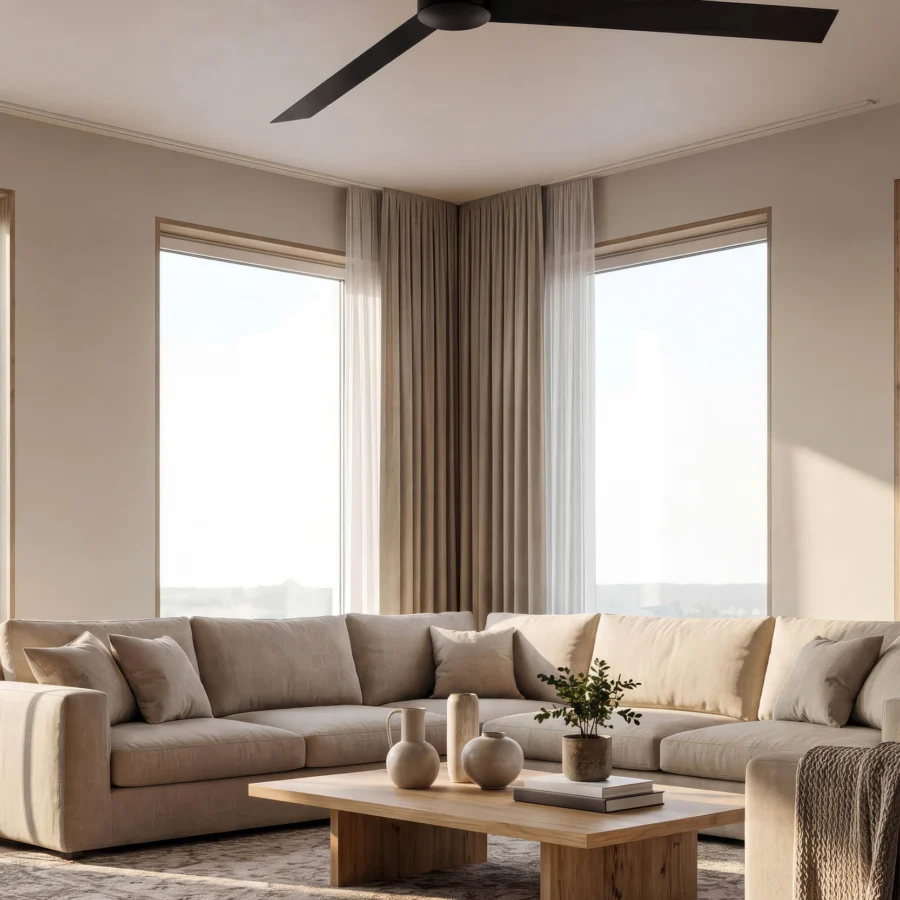 Ceiling fan by Faro Barcelona in metal with solid black finish, structured housing and three slender blades