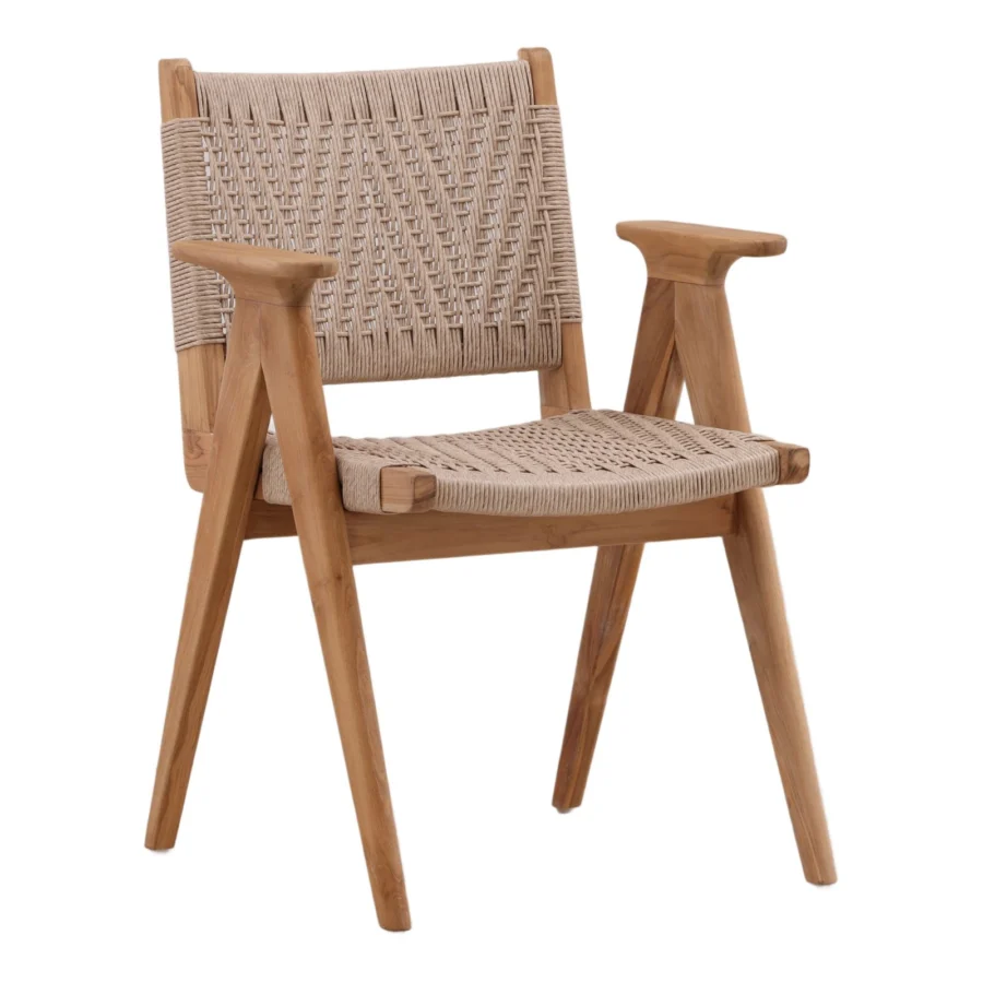 Armchair by Dovetail in light beige woven rope with wood frame in matte medium brown finish featuring geometric silhouette