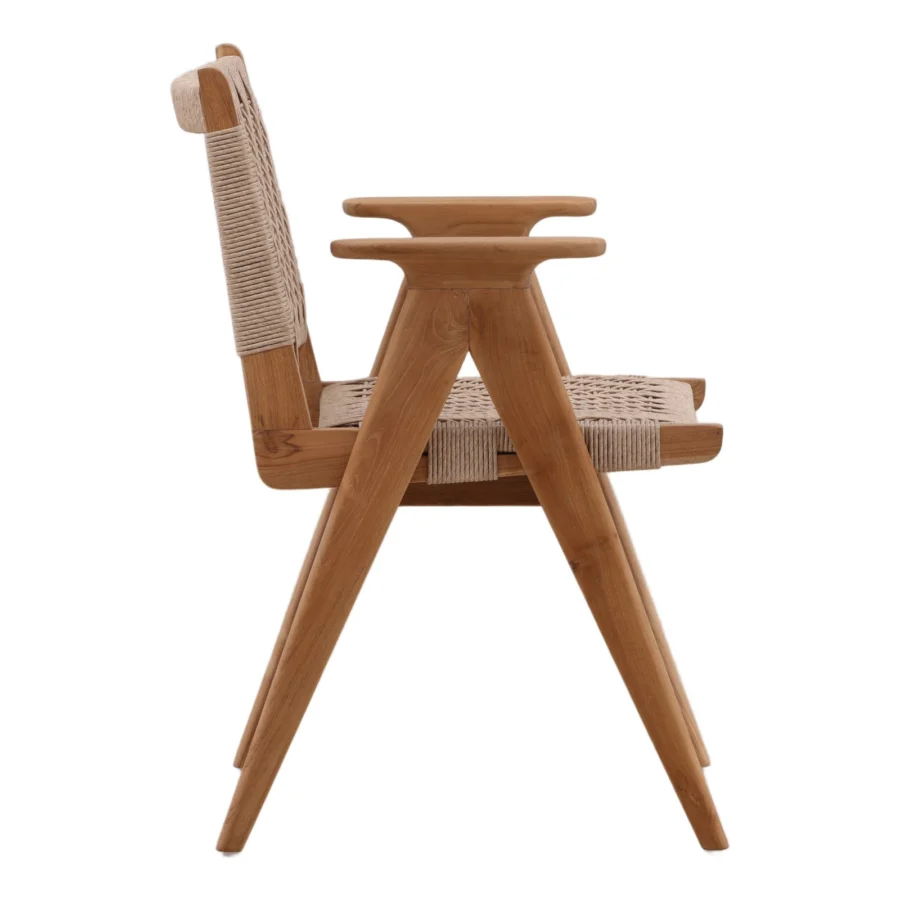 Armchair by Dovetail in medium brown wood with matte finish and light beige woven cord upholstery, having geometric form