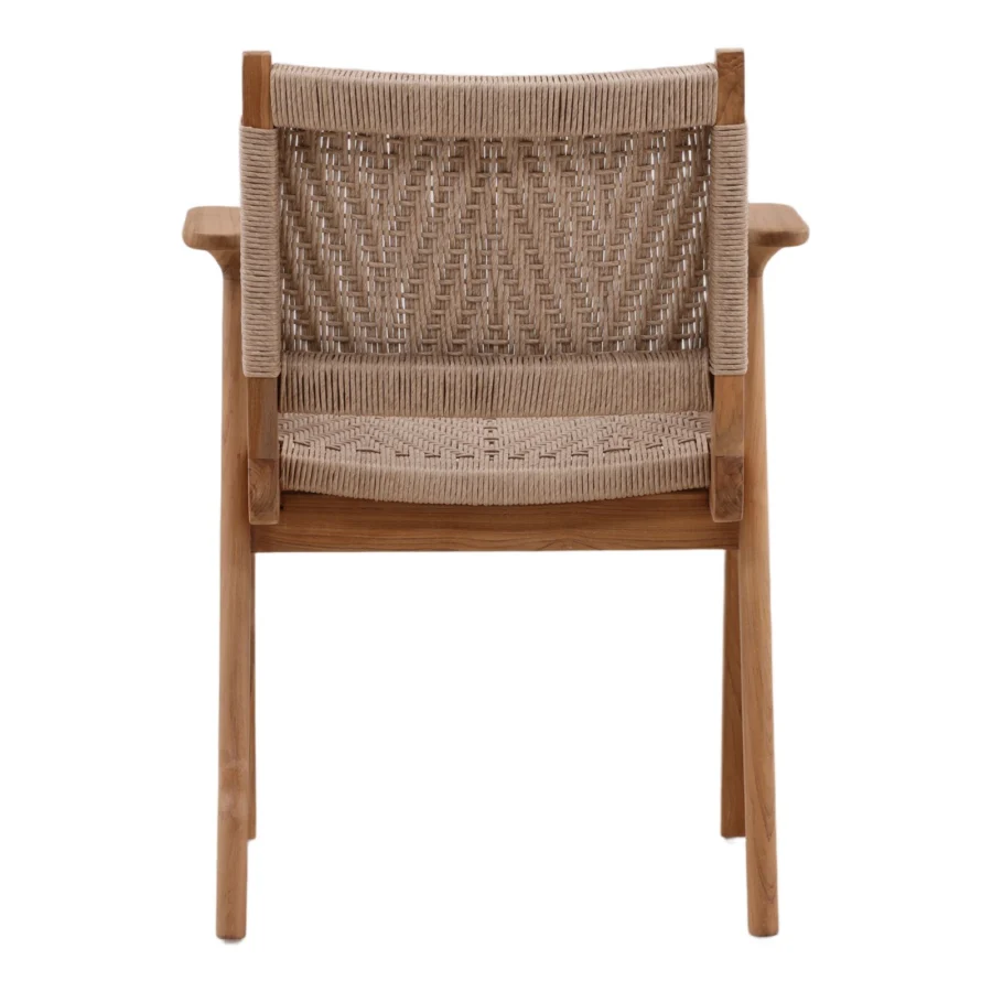 Armchair by Dovetail Linara in light brown wood with matte finish, woven rope seat and backrest plus straight tapered legs