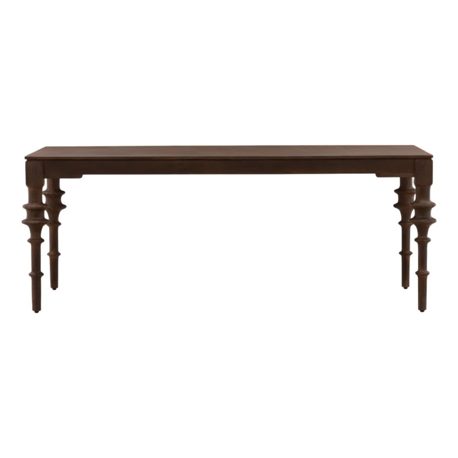 Console table by Dovetail Savin in dark brown wood with matte finish, showing natural grain and spindle style carved legs