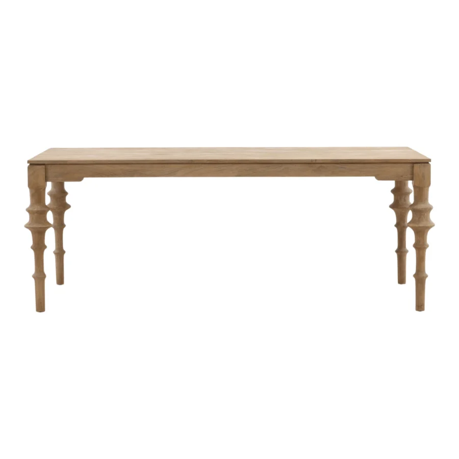 Table by Dovetail in medium brown wood with matte textured finish and rectangular silhouette on bobbin turned legs