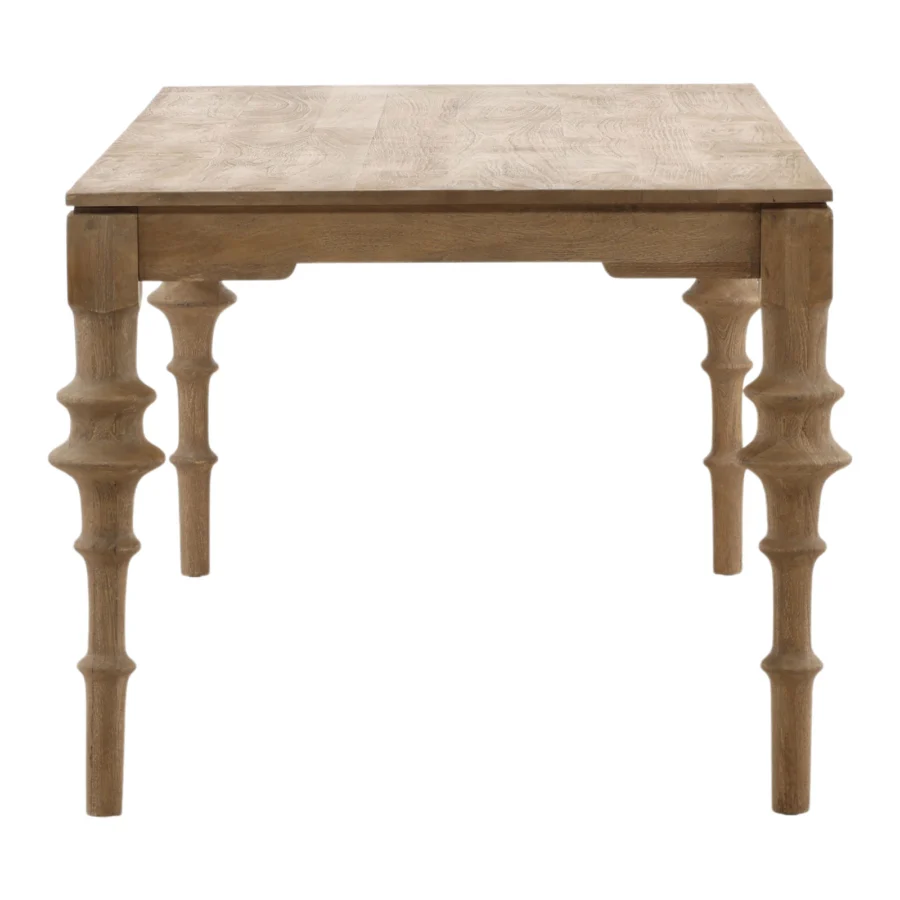 Table by Dovetail Savin in wood with matte textured finish, natural grain pattern, rectangular top and spindle legs