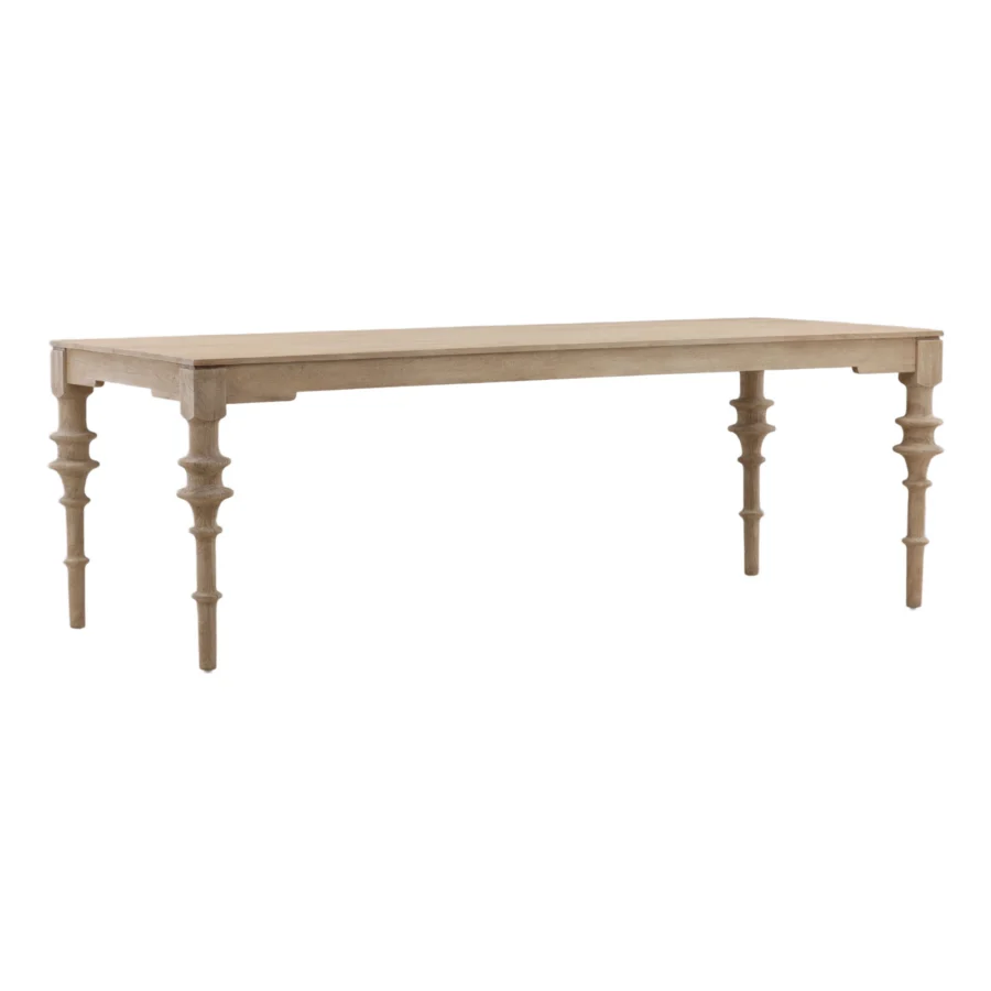 Table by Dovetail in light beige wood with matte texture, visible grain and four legs featuring decorative turned spindles