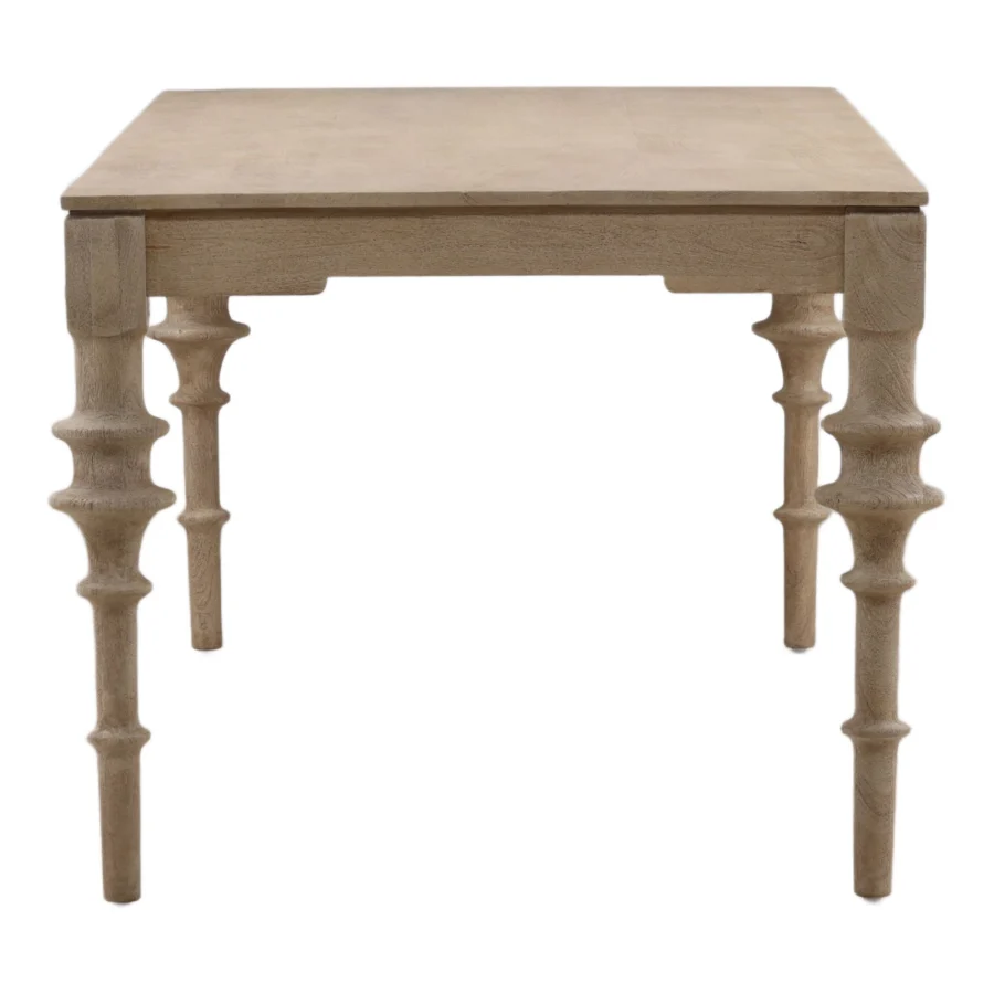 Table by Dovetail Savin in light neutral beige wood with matte weathered finish plus four thick spindle turned legs
