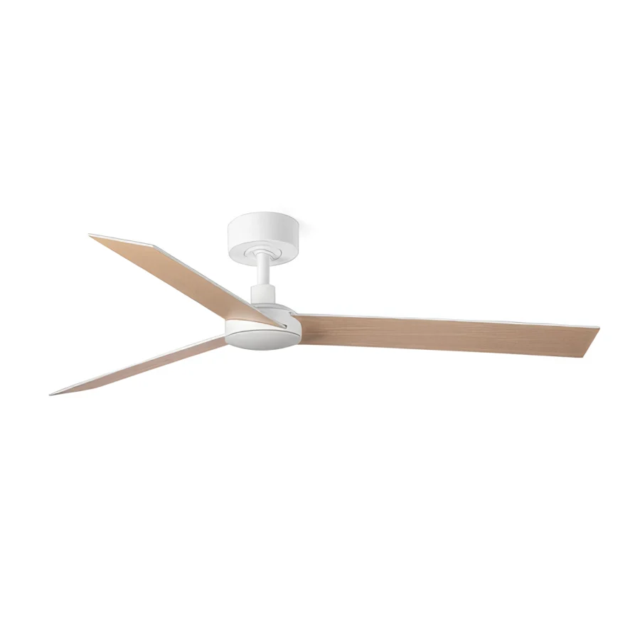 Ceiling fan by Faro Barcelona with light brown plywood blades and a white metal motor housing in a six speed…