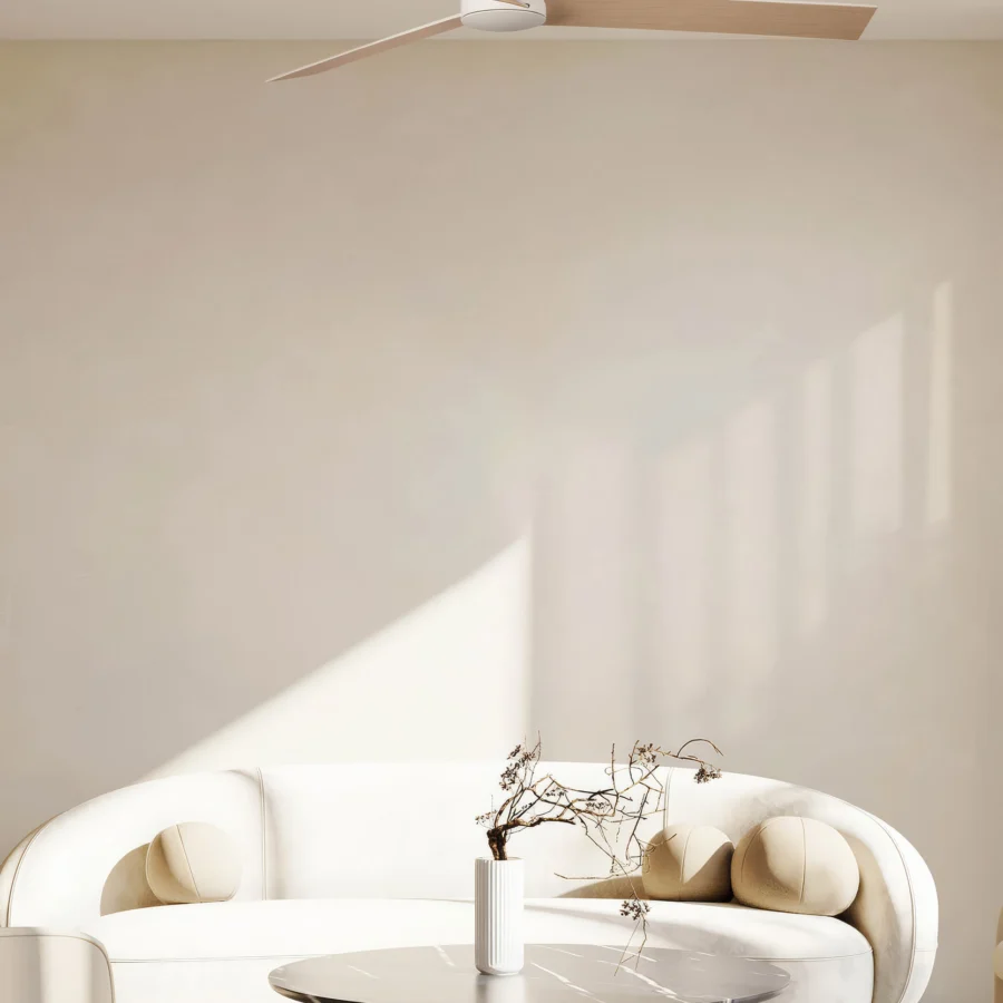Ceiling fan by Faro Barcelona with plywood blades in natural wood finish and matte white motor housing