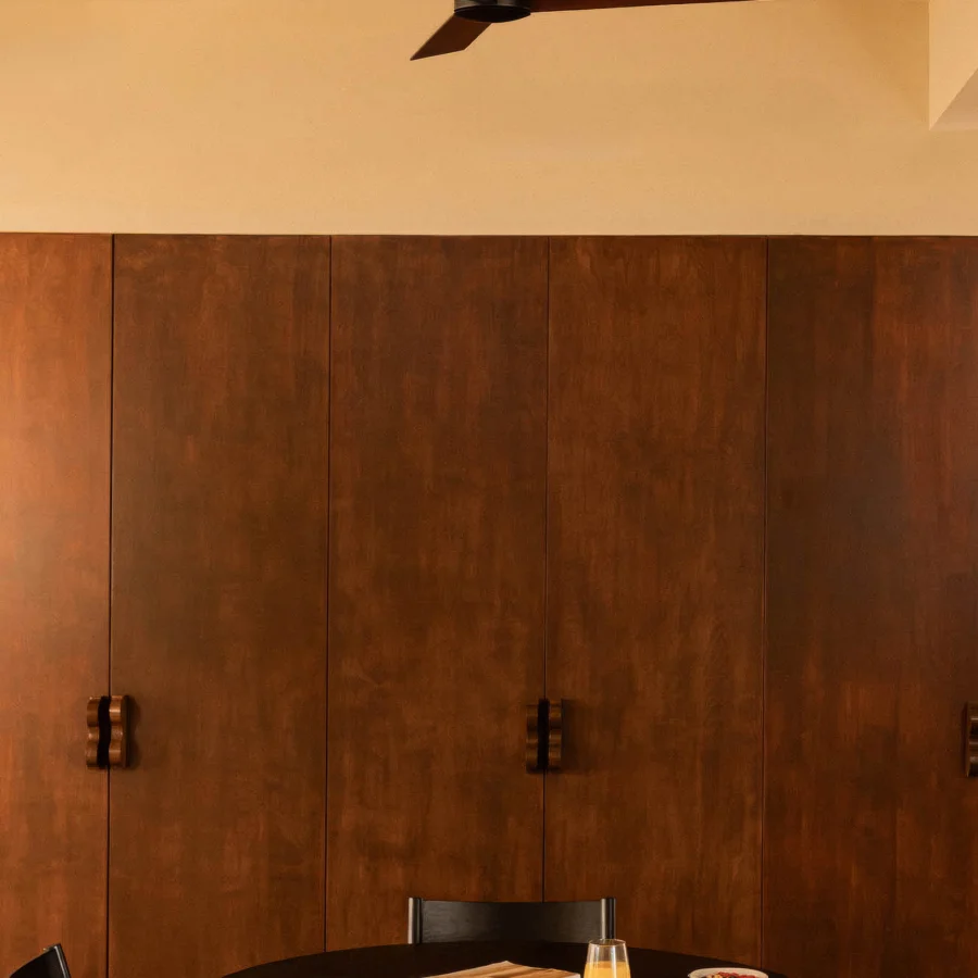 Ceiling fan by Faro Barcelona featuring plywood blades, satin housing, and matte mounting hardware